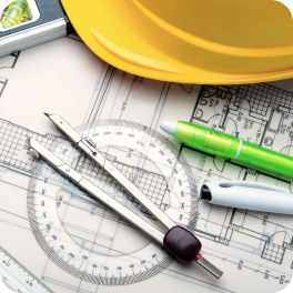 Engineering blueprint with hard hat